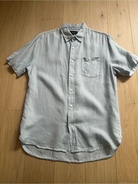 Vince Light Blue Short-Sleeve Button-Down Linen Shirt
